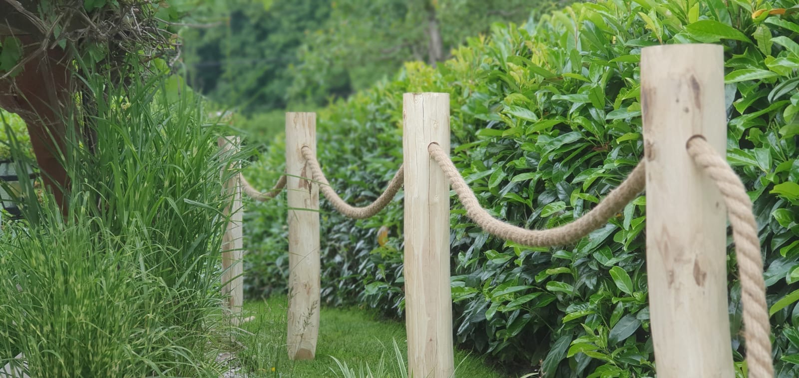 Seilzaun 80 cm Höhe - angespitzte Pfosten mit Loch und Seil