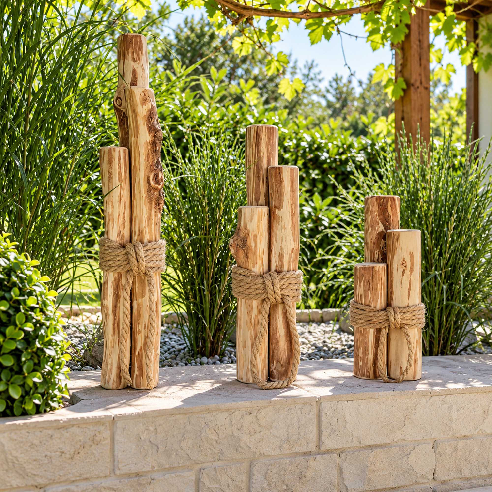 Windlichtsäule 3er-Set aus Haselnussholz 90 cm –  Maritime Dekoration