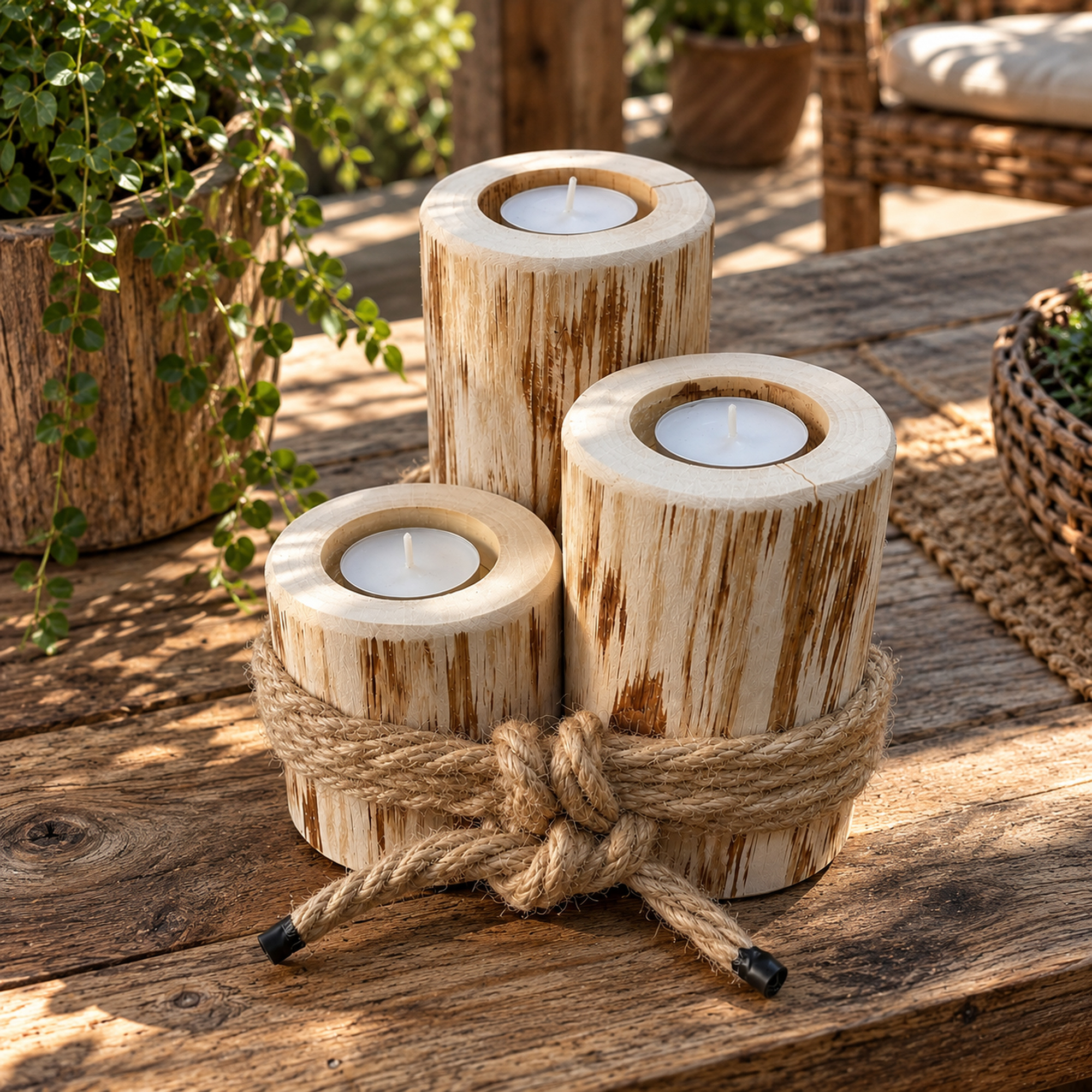 Teelichthalter aus Haselnussholz 3er-Set - im maritimen Design