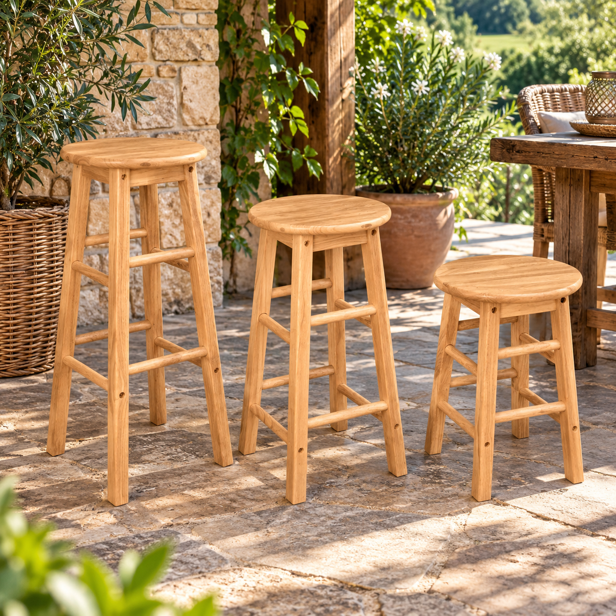 Barhocker aus Kautschukholz in natur 74 cm – stabiler & wetterfester Holzhocker